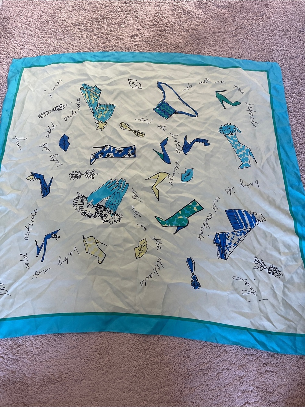 Silk-Feel Fashion Illustration Scarf in Turquoise & White
